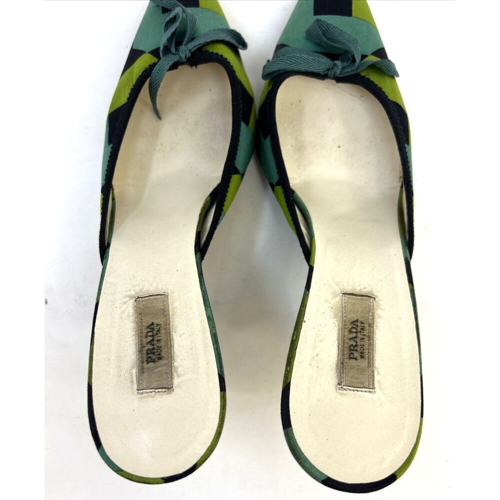 VTG Prada Mules Sz 35.5 Satin Geometric Blue Green Kitten Heels Bow Accent RARE! - Picture 3 of 15